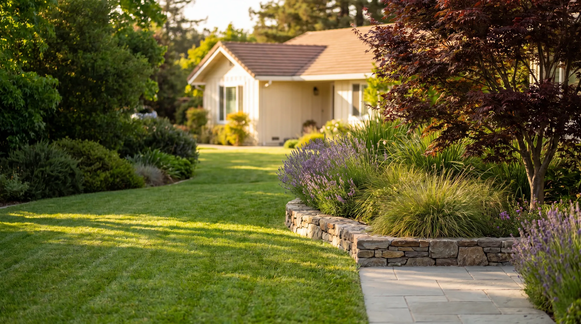 A professionally landscaped front yard with a manicured lawn, stone retaining wall, and lavender beds
